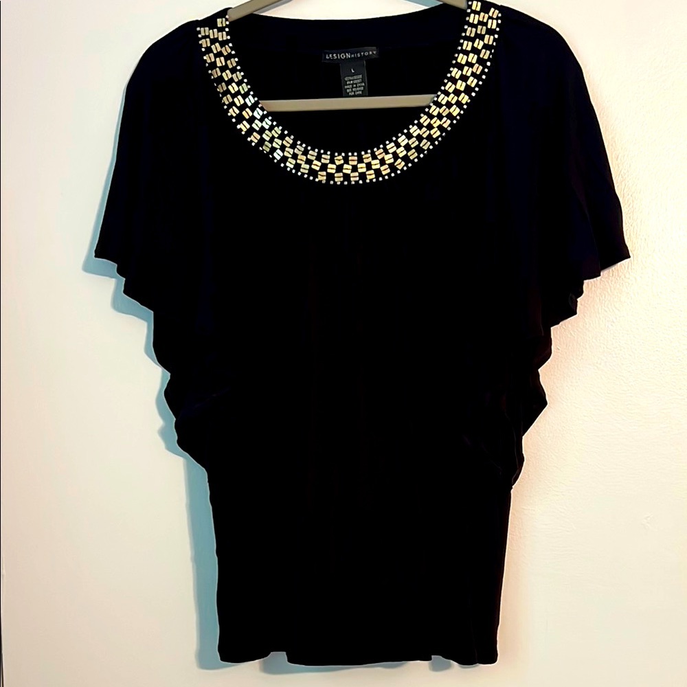 Design History Black Blouse with Silver Embellished Neckline